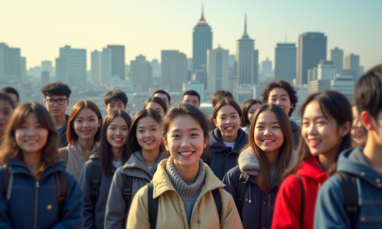 東京の街並みを背景に日本語を学ぶ多様な学生たち